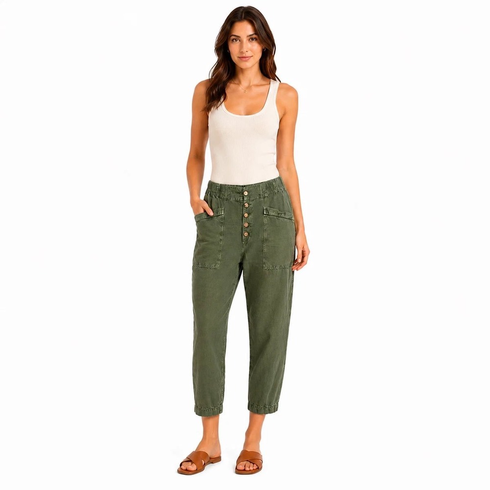 Sundance Utility Pants Womens Large Olive Green Excellent Linen Blend Button Fly